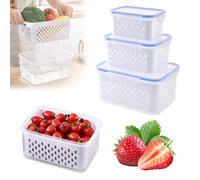 3 PCS Fruit Storage Containers for Fridge, 2025 New BPA Free Airtight Produce Saver Bins, Stackable Fresh Keeper with Drain Tray, Suitable Use in Refrigerator Freezer Kitchen (3 PCS Blue)