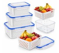 3 Pcs Fruit Storage Containers for Fridge, Leakproof Fridge Containers | Fruit Storage Containers with Removable Colander, Airtight Lid & Stackable Design for Washing, Draining & Fridge Storage