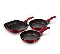 3 Pcs Frying Grill Pan Aluminum Non Stick Marble Coating Metallic Home Kitchen Set Suitable for Induction Various Colures (Red)