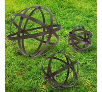 3 PCS Garden Spheres Balls Assorted Size Distressed Metal Band Decorative Sphere Folding Orbs Sculpture for Outdoor Indoor Decorations 7" 10" 12" Diameter (Rusty)