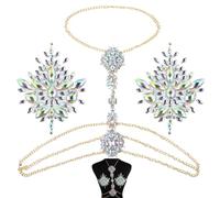 3 Pcs Glitter Rhinestone Chest Stickers And Body Chain Set, Colorful Jewel Paste For Waist And Neck, Sparkly Body Art For Events & Makeup