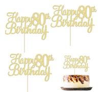 3 Pcs Gold Happy 80th Birthday Cake Topper, Cheers to 80 Years Old, Eighty Fabulous Cake Decorations, Glitter 80th Cake Topper for 80th Birthday Theme Party