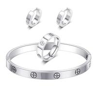 3 Pcs Gold Hoop Earrings Bracelets Ring Sets for Women-18K Gold Plated Love Bracelet Cubic Zirconia Cuff Bangle Hoop Earrings Friendship Love Ring Jewelry Set,Wedding Party Christmas Valentine's Day