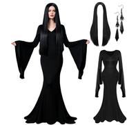3 Pcs Gothic Witch Costume for Women - Halloween Vintage Dress + Long Black Wig + Earrings (Black, Medium)