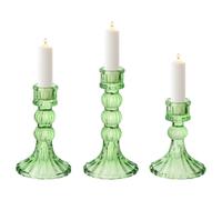 3 Pcs Green Glass Candle Holders Set, European-Style Relief High-Footed Candlestick Holders, Decorative Taper and Pillar Candlestick for Dining Tables, Living Room Decor, Weddings