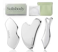 3 Pcs Gua Sha Tool Stainless Steel for Face & Body - De-Puffing, Lifting & Lymphatic Drainage - Includes Guasha Tool Face Massager, Magnetic Pouch, Silver Polishing Cloth & User Guide