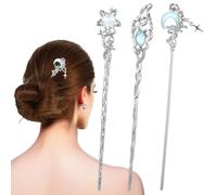 3 PCS Hair Chopsticks Chinese Hair Pins Star Moon Hairs Sticks Long Metal Silver Tousle Stick Long Hairs Chinese Hanfu Asian Vintage Chopsticks Accessories for Women Girls Gifts (Blue Silver)