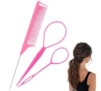 3 Pcs Hair Styling Tools, Topsy Tail Hair Tool, Pink Hair Loop Pull Through Tool, French Braid Loop Tool with Rat Tail Comb, Hair Braiding Tool for Making Women and Girls Hair Style (pink)