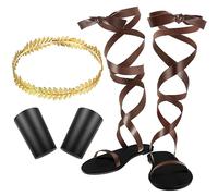 3 PCS Halloween Adult Toga Roman Sandals Gold Laurel Head Wreath Wristband Set Leaf Headdress Sandals Wristband for Men, Brown, 5 UK