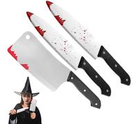 3 pcs Halloween Fake Knife Fake Blood Prop Set Realistic Kitchen Knives With Bloody Splatter, Scary Accessories for Haunted House, Cosplay, Pranks, Party Decorations, Zombie, and Horror scream Theme