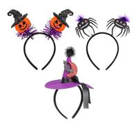 3 Pcs Halloween Headband: Purple Fur Spider & Moon Bat Witch Hat & Pumpkin Witch Hat Purple Fur Stripe Hair Accessories, Halloween Costume Cosplay Party Props