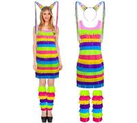 3 Pcs Halloween Pinata Costume Multicolored Strap Dress Fringed Dress Leg Sleeves Headband for Adult Women Cosplay (X-Large)