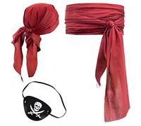 3 PCS Halloween Pirate Costume Women Men Head Scarf Hat Accessories Pirate Sash Belt Pirate Bandana Headband Waist Belt (Red)