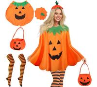 3 Pcs Halloween Pumpkin Costumes Unisex Includes Funny Pumpkin Dress With Hat and Orange and Black Striped Knee Socks Cosplay Cute Costume Trick Or Treat Bag Teens, Women, Men, Ghost Festival One Size