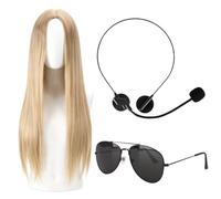 3 Pcs Halloween Women Rock Star Accessories Include Fake Microphone Toy Microphone Headset Costume with Long Blonde Wig Straight Famous Singer Costume Kit for Girl Masquerade Cosplay Rock Concerts