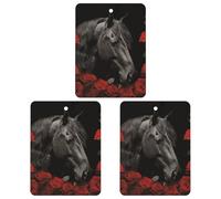3 Pcs Hanging Air Freshener Black Horse on A Background of Red Roses Car Aromatherapy Tablets for Wardrobe Car Home