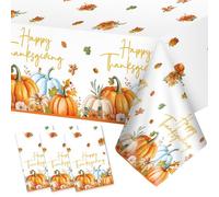 3 Pcs Happy Thanksgiving Plastic Tablecloth - Watercolor Fall Table Cloth, Disposable Rectangle Autumn Pumpkin Maple Leaves Table Cover for Thanksgiving Tables Decorations Party Supplies, 54x108 Inch