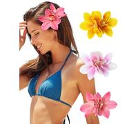 3 PCS Hawaiian Flower Hair Clips for Women Orchid Flower Hair Clips Artificial Flower Hair Barrettes Hibiscus Flower Hair Clips for Wedding Bridal Beach Party(Pink+Rose+Yellow)