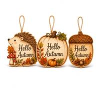 3 Pcs Hello Autumn Decorations, Wooden Hedgehogs, Acorns, Pumpkins Hanging Plaque