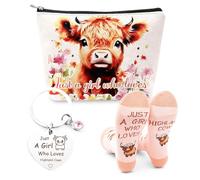 3 PCS Highland Cow Gifts for Women - Cute Highland Cow Keyring, Spacious Makeup Bag & Cozy Socks Gift Set | Perfect Highland Cow Lover Present for Birthday, Christmas or Graduation