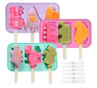 3 Pcs Ice Lolly Moulds, Ice Pop Moulds with 18 Sticks, Silicone Popsicle Molds for Kids, Reusable Easy Release Ice Lolly Moulds with Sticks, BPA Free Car Dinosaur Rocket Modeling Lollipop Moulds