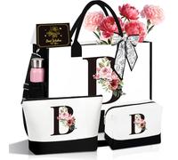 3 PCS Initial Canvas Tote Bag, Personalized Gifts for Women, Personalized Makeup Bag, Beach Bag,Cosmetic Bags, Suitable for Wedding, Birthday, Holiday, Gift for Women, Mom Teachers Friends Bridesmaids