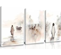 3 Pcs Jesus Canvas Wall Art Jesus Walking on Water Wall Decor Christ Religion Cross Crucifixion Picture Poster Print Portrait for Living Room Bedroom Church Prayer Room Ready To Hang 12x16 inch