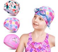 3 Pcs Kids Polyester Swim Caps Fabric Swimming Hat for Kids Flexible Nylon Long Hair Bathing Cap for Girls and Boys, Pink Series