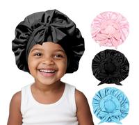 3 Pcs Kids Silk Bonnet for Sleeping - Baby Satin Bonnet for Sleeping,Kids Hair Bonnets for Curly Hair Girls Boys with Wide Elastic Band,Sleeping Cap for Teens Toddler Child (Pink+Black+Light Blue)