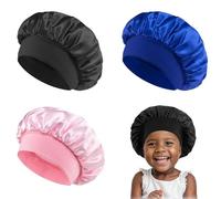 3 Pcs Kids Silk Bonnet for Sleeping,Elastic Child Satin Hair Bonnet for Sleeping,Soft Sleep Bonnets for Kids Girls Boys,Baby Bonnets,Silk Sleep Caps for Teens Toddler Children(Black+Blue+Pink)