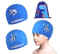 3 Pcs Kids Swimming Cap Set for Boys, Large Baby Waterproof Polyester Cartoon Swim Caps with Drawstring Backpack for Children, teenager and Boys Aged 2-12 (Dolphin+Astronaut)