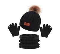 3 Pcs Kids Winter Warm Beanie Hat Scarf Gloves Set Outdoor Sports Thermal Knitted Crochet Thick Fluffy Toddler Cap Pom Pom Bobble Hat Snood Neck Warmer Mitten for Girls Boys Children Age 1-6 (Black)