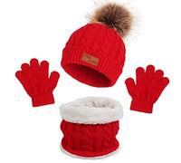 3 Pcs Kids Winter Warm Beanie Hat Scarf Gloves Set Outdoor Sports Thermal Knitted Crochet Thick Fluffy Toddler Cap Pom Pom Bobble Hat Snood Neck Warmer Mitten for Girls Boys Children Age 1-6 (Red)
