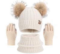 3 PCS Kids Winter Warm Beanie Hat Scarf Gloves Set, Thermal Knit Crochet Thick Fluffy Toddler Scarf, Double Pom Bobble Hat with Faux Fur for Girls Boys Children Toddler Aged 3-8 years old - Off-white