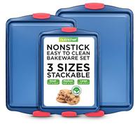 3 Pcs. Kitchen Oven Baking Pans - Deluxe Nonstick Blue Coating Inside & Outside Carbon Steel Bakeware Set with Red Silicone Handles, Durable & Reliable Cookie Sheet Oven Pan Style