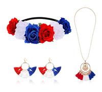 3 Pcs Labor Day Patriotic Boho Flower Headbands Hair Accessories Tassel Earrings Necklace and Red White Blue Headband Independence Day Memorial Day Patriotic Party Favor