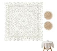 3 PCS Lace Tablecloth, Small Square Table Cloth Set with Delicate Lace Trim, White Cotton Table Cloth for Dining Table and Coffee Table, 90x90 cm Tablecloth with Two 13x13 cm Round Linen Placemats