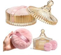 3 Pcs Large Body Powder Puff and Container Set, 6'' Powder Container with Puff Crystal Case for Baby Women Dusting Powder, Soft Washable Reusable for Face & Body Makeup, Ideal Gift for Valentine's Day