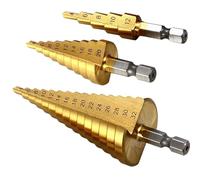 3 Pcs Large HSS Steel Step Cone Drill Bit Set - Durable Titanium Coated, 4-12mm, 4-20mm, and 4-32mm Sizes for Metal, Wood, and Plastic