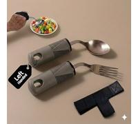 3 Pcs Left Handed Adaptive Cutlery for Adults, Angled Spoon and Fork with Fixing Strap - Easy Grip Disabled Cutlery for Arthritic Hands, Parkinson’s, Hand Tremors & Elderly