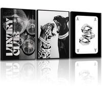 3 Pcs Leopard Print Fashion Black and White Canvas Wall Art Luxury Disco Ball Kiss Lips Playing Cards Posters Fashion Magazine Canvas Print Decoration Aesthetic Bedroom Office Dorm 12X16inch Framed