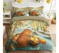 3 Pcs Light Luxury Bedding Capybara Oranges Bamboo Pond Shrink Resistant Duvet Cover Japanese Anime Fluffy Bedding Animal fantasy dreamy with Zipper for Male & Female, 220 x 260 cm