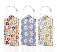 3 Pcs Luggage Tag for Suitcase,Groovy Daisy Flowers Leather Bag Tags Identifiers Privacy Cover ID Label with Durable Steel Loop for Women Men Kids Girls Travel