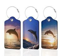 3 Pcs Luggage Tags for Suitcase,Dolphin,Jumping in Sea Under Sun Leather Bag Tags Identifiers Privacy Cover ID Label with Durable Steel Loop for Women Men Kids Girls Travel