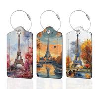3 Pcs Luggage Tags for Suitcase,Retro Romantic Eiffel Tower Leather Bag Tags Identifiers Privacy Cover ID Label with Durable Steel Loop for Women Men Kids Girls Travel