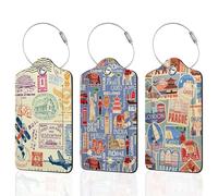 3 Pcs Luggage Tags for Suitcase,Retro Travel Stickers Leather Bag Tags Identifiers Privacy Cover ID Label with Durable Steel Loop for Women Men Kids Girls Travel