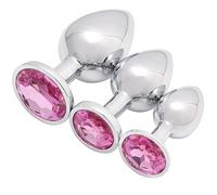 3 Pcs Luxury Jewelry Design Fetish Stainless Steel Anal Butt Plug Fantasy Sex Restraints Bondage SM Large+Medium+Small Anal Stimulation Toy for Unisex Masturbation with Penis Condom(Pink)