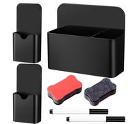 3 Pcs Magnetic Pen Holder, Whiteboard Pen Holder, Magnetic Marker Holder Pencil Holder Organizer for Fridge Refrigerator Office Home, with 2 Magnetic Whiteboard Eraser & 2 Pens(2 Sizes, Black)