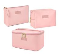 3 Pcs Makeup Bag(L+M+S) MAANGE Travel Makeup Bag with Brush Compartment Waterproof Cosmetic Bag PU Leather Portable Makeup Organizer Bag for Women, Pink