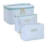 3 Pcs Makeup Bag(L+M+S) MAANGE Travel Makeup Bag with Brush Compartment Waterproof Cosmetic Bag PU Leather Portable Makeup Organizer Bag for Women, Blue